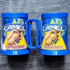 Two vintage Joe Camel 75th birthday blue plastic mugs
